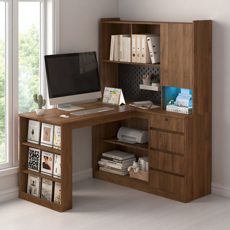 Bureau en L avec chargeur, bureau d'ordinateur avec tiroirs, bibliothèque, avec éclairage à DEL, bureau d'angle moderne, bureau à domicile, bureau d'écriture en L