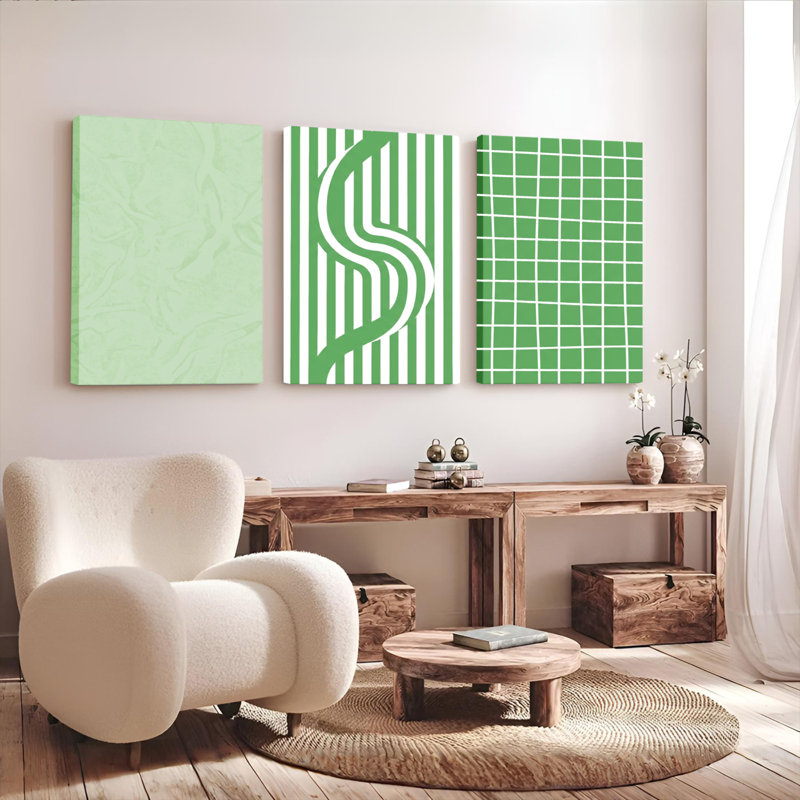 Ensemble d'art mural vert sur toile tendue à motif abstrait vert pour décor de chambre à coucher ou de bureau