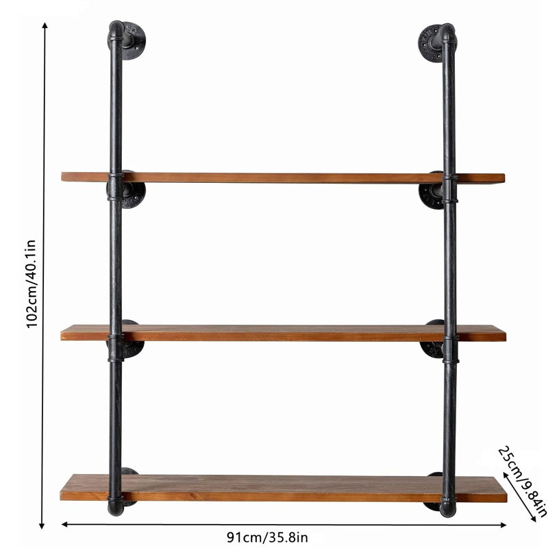 3 Tier Industrial Pipe Shelving, Metal And Wood Wall Shelf, Rustic Floating Shelves Wall Mounted Farmhouse Kitchen Shelves Open Storage Display Rack For Living Room Bedroom Office