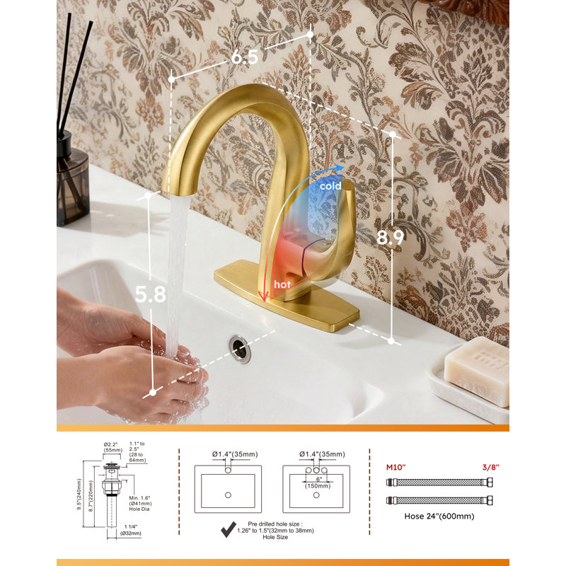 Solid Brass Single Handle Bathroom Sink Faucet, 1-Hole High Arc Basin Faucet with Pop-Up Drain, Gold