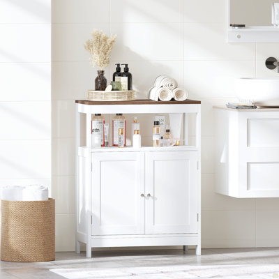 Armoire de rangement moderne avec portes doubles, armoire de salle de bain autoportante avec tablette réglable et plateau en bois naturel, organisateur polyvalent pour la cuisine, le salon, la salle de bain ou le vestibule - blanc