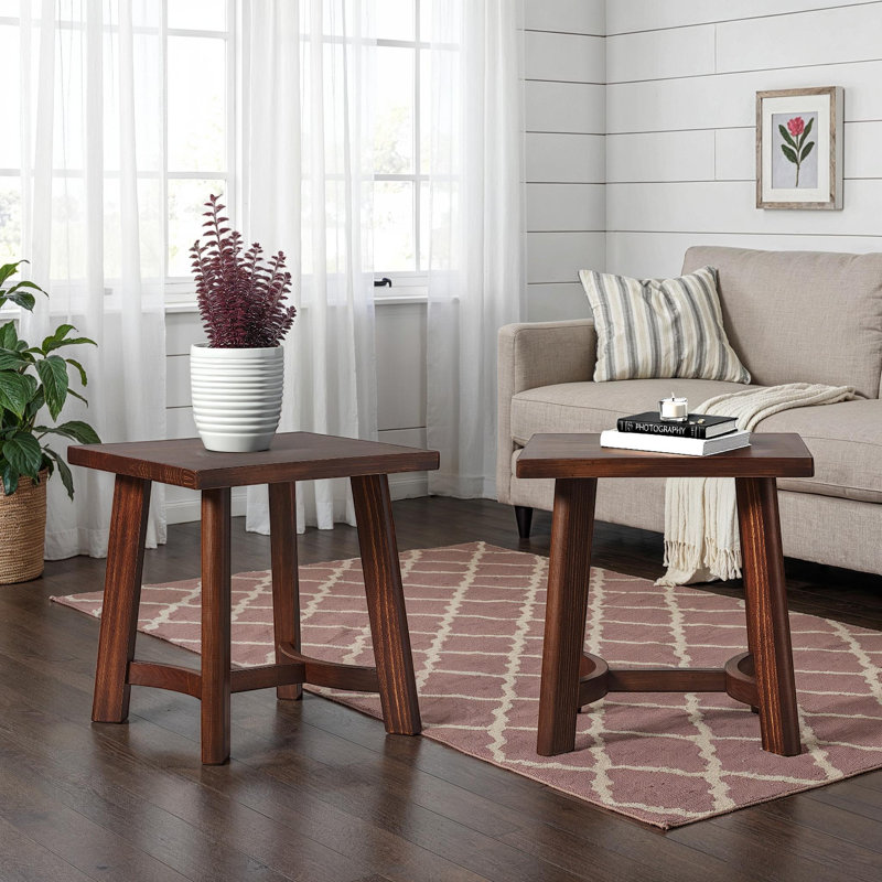  2-Pack Modern Farmhouse Rustic Solid Wood Square Side Tables, Medium Brown