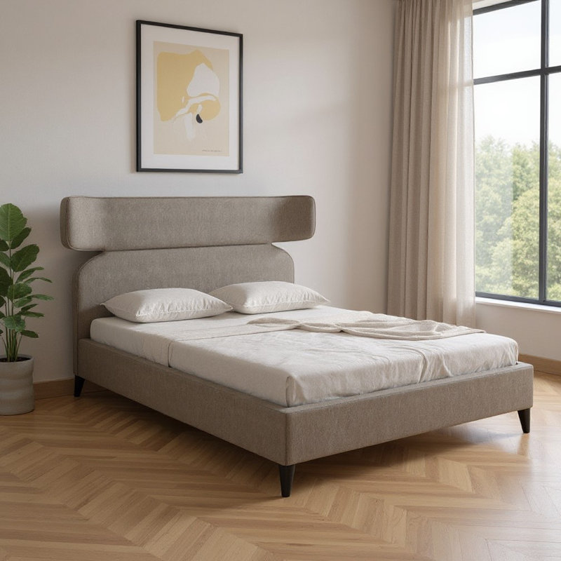 Structure de lit brun en bois massif et tissu d'ameublement