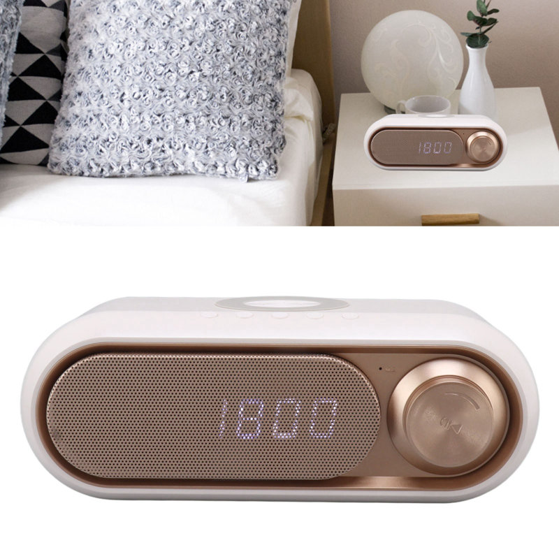 Radio-réveil avec chargeur sans fil, haut-parleur Bluetooth, DEL, chargeur FM numérique, blanc doré, 10 W