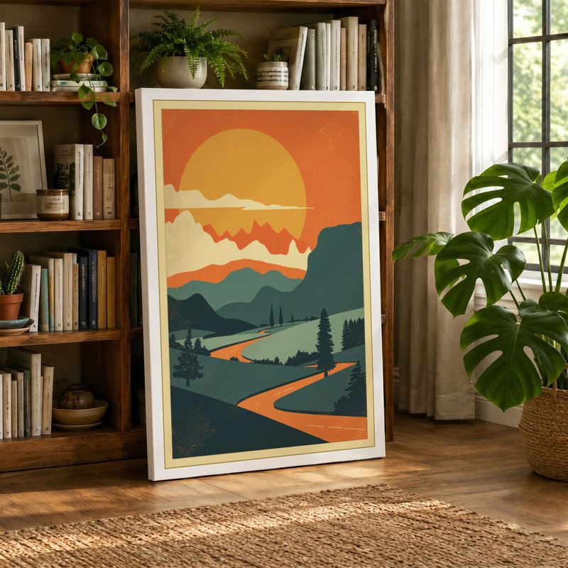 Sunset Over Mountain Retro - Wrapped Canvas, 30x20 - 76.2 x 50.8 cm, Cream Border
