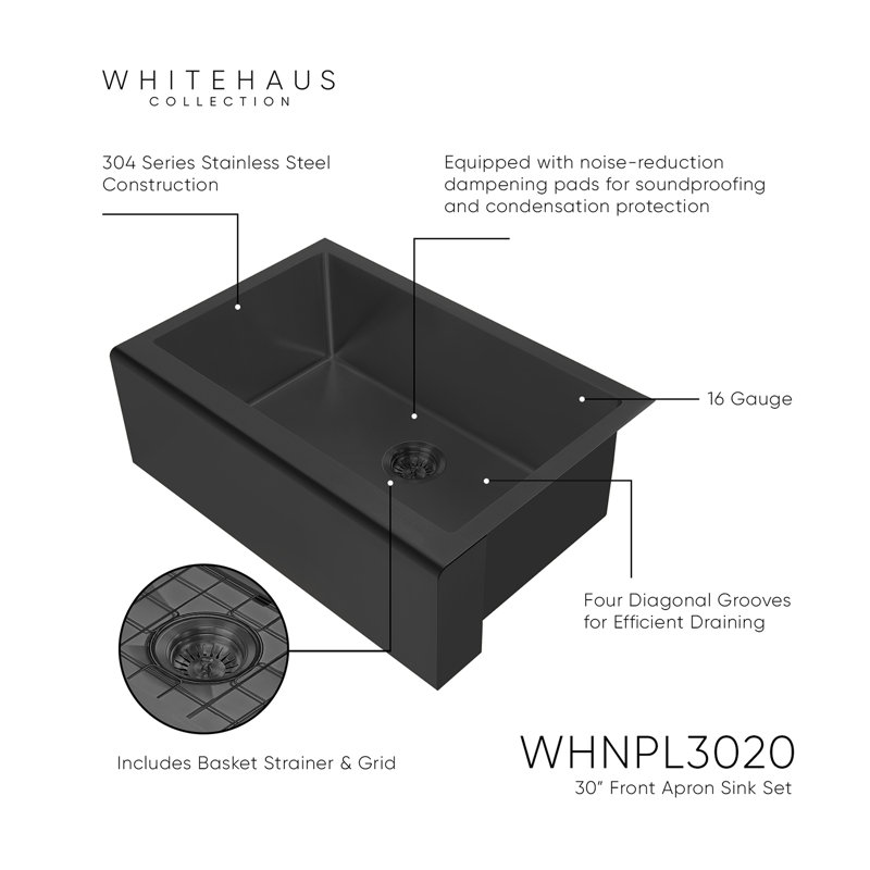 Noah Plus 30" L x 20" W Farmhouse Kitchen Sink with Basket Strainer, Matte Black
