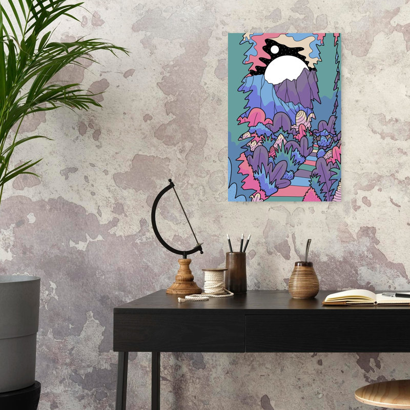 «Whimsical Mountain Night Path Abstract Colorful Dreamy Forest Landscape», reproduction d'art mural, 24" H x 16" W