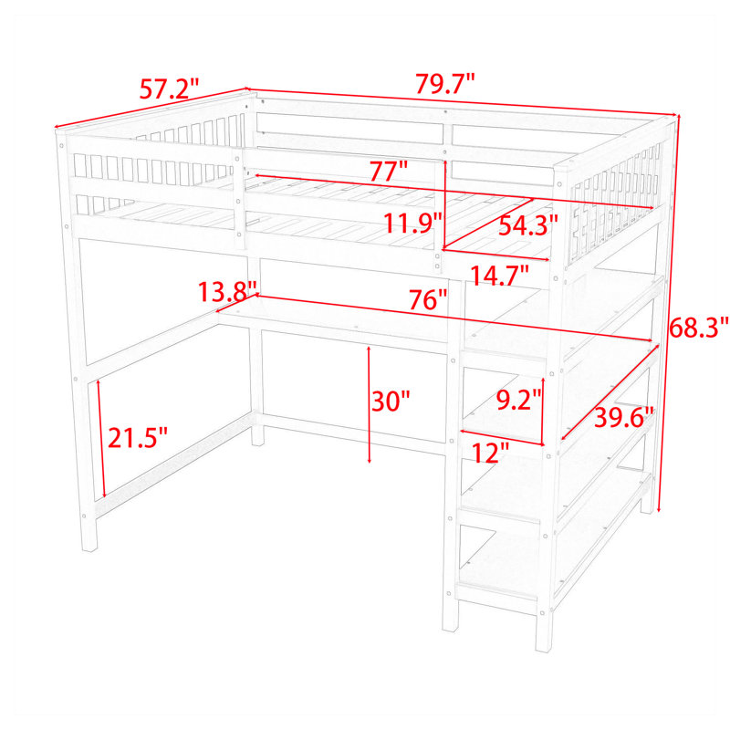 Lit mezzanine en bois avec tablettes de rangement et bureau, null, null