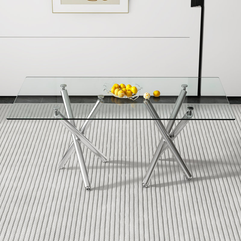 Grande table de salle à manger rectangulaire moderne en verre minimaliste pour 6 à 8 personnes avec plateau en verre trempé de 0,39 po et pieds en métal chromé argenté, pour la salle à manger, le salon, la salle de réunion, la salle de banquet, 71 po x 39 po x 30 po, 1538 po