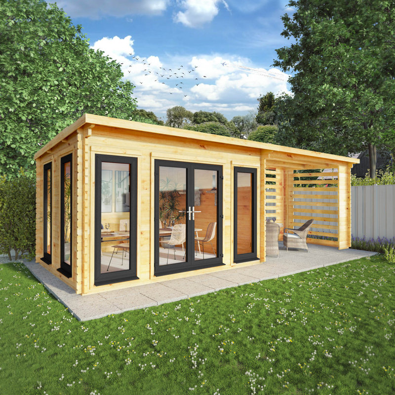 23ft x 10ft Studio Pent Log Cabin With Slatted Area With UPVC Windows & Doors (44mm), Grey/Natural Timber