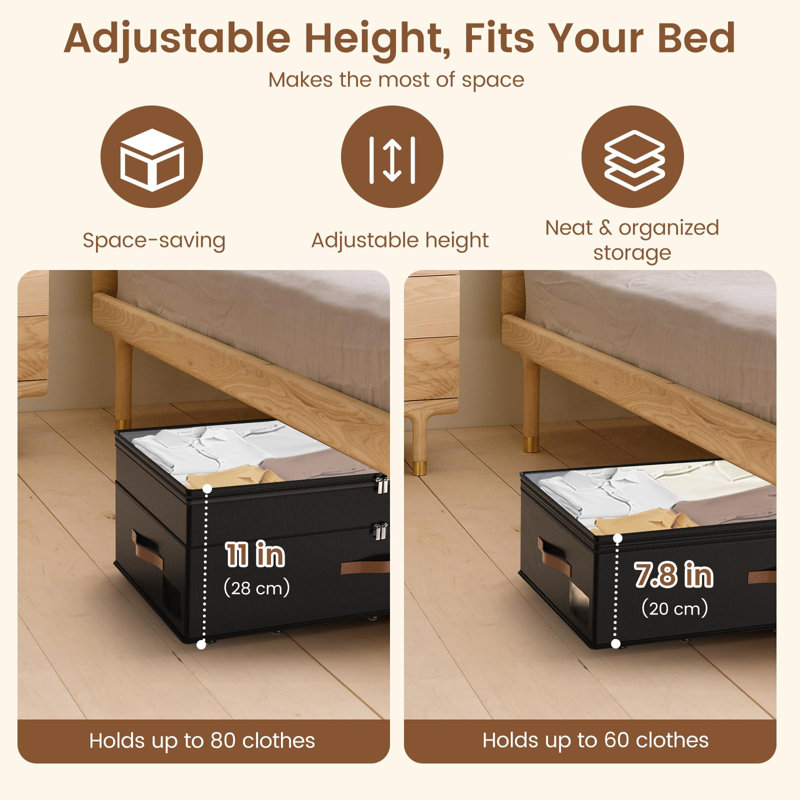Rangement sous le lit avec roulettes, paquet de 2, 11 po, 90 L, grands bacs de rangement réglables, noir