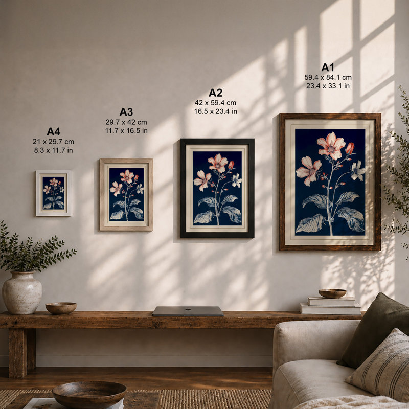 Pale Blossoms On Navy Botanical - Print, Oak, A4 - 29.7 x 21.0 cm