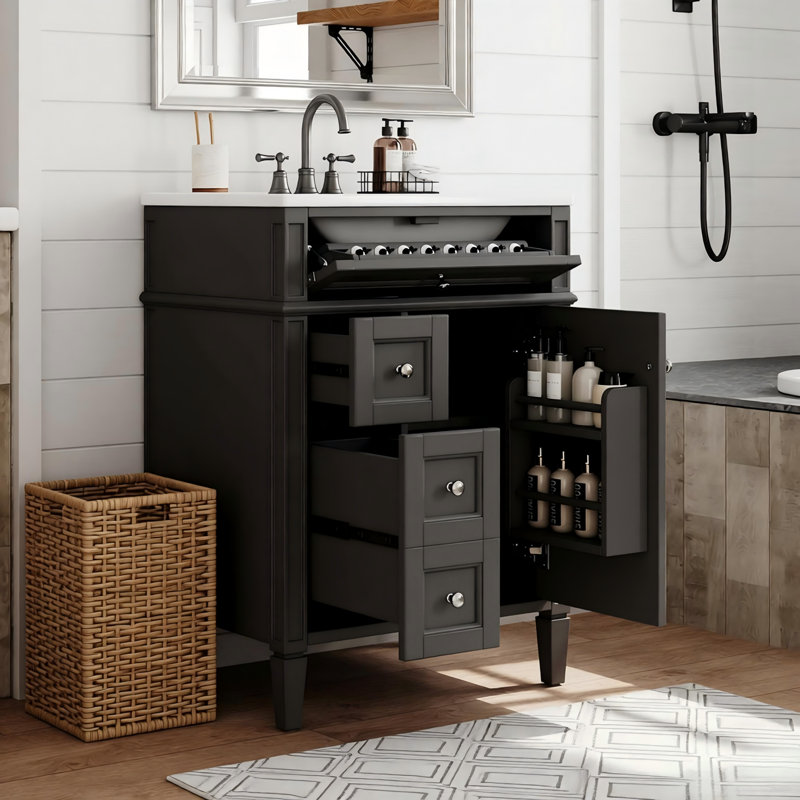 Meuble-lavabo 24 po avec lavabo supérieur, meuble-lavabo moderne avec 2 tiroirs et un tiroir basculant, meuble-lavabo simple