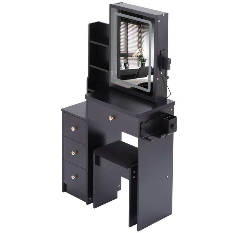 29.2" Small Size Left Bedside Cabinet Vanity Table + Cushioned Stool, 2 AC+2 USB Power Station, Hair dryer bracket, Extra Large Touch Control Sliding LED Mirror, Tri-color Switching, Brightness Adjust