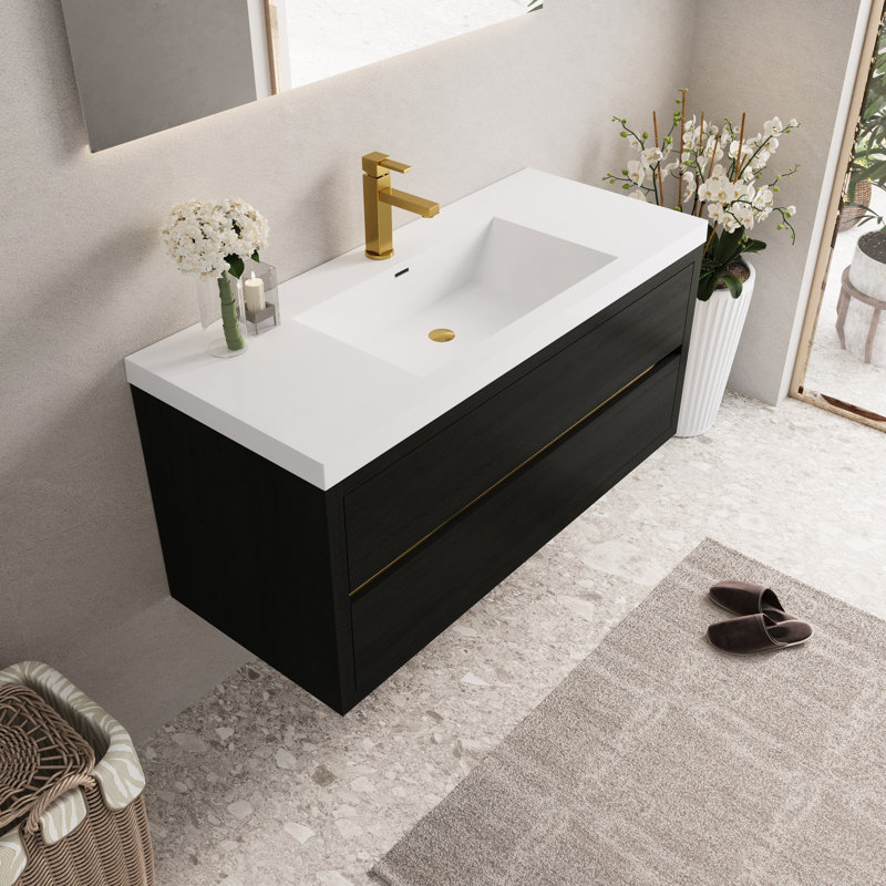 Meuble-lavabo mural flottant de 48 po avec lavabo, comptoir en résine de pierre, bois, tiroirs à fermeture en douceur préassemblés, intérieur spacieux en forme de U, rangement sécuritaire et sécuritaire