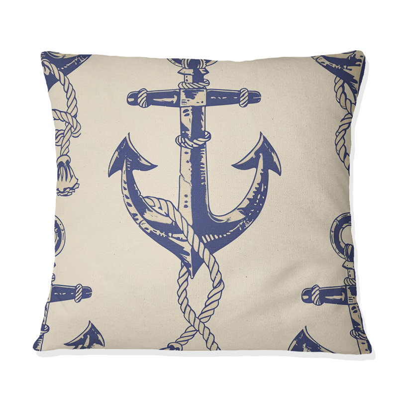 Blue Beige Nautical Anchor - Coussin décoratif nautique, H 16 po x l 16 po, Carrée