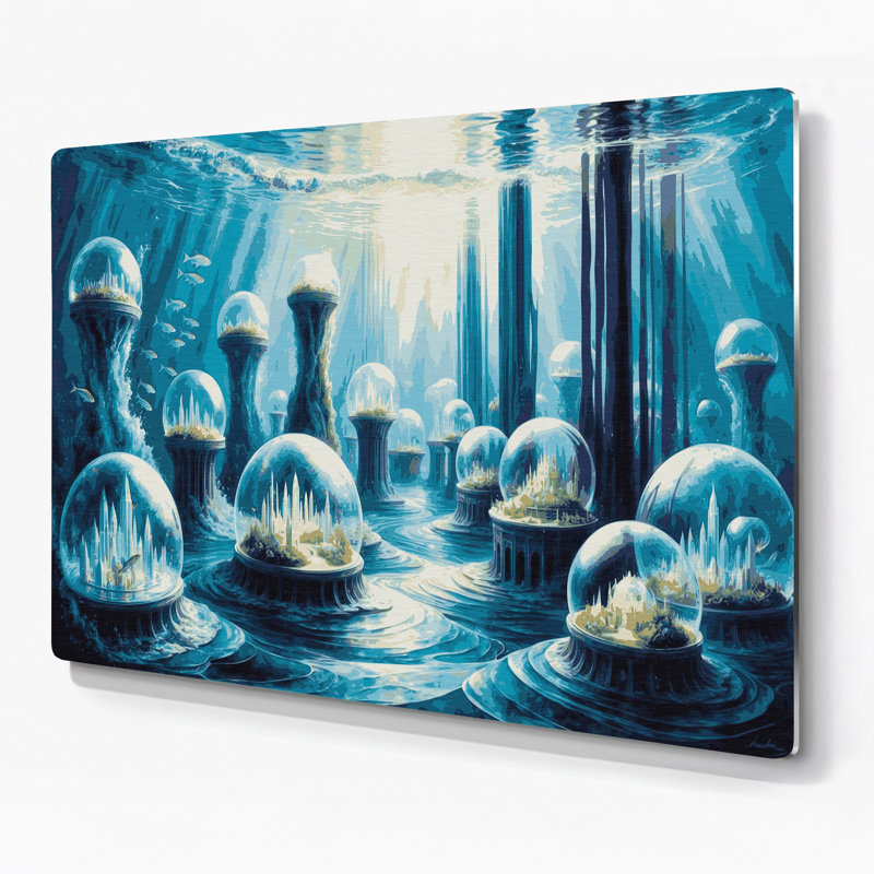 Art mural bleu Sci Fi Underwater Bubble City, H 11 po x l 14 po x P 0,05 po