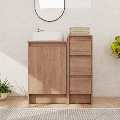 32" Single Freestanding Bathroom Vanity with Ceramic Sink, Floor Standing Bathroom Vanity with 1 Door, 3 Drawers, 1 Adjustable Shelf