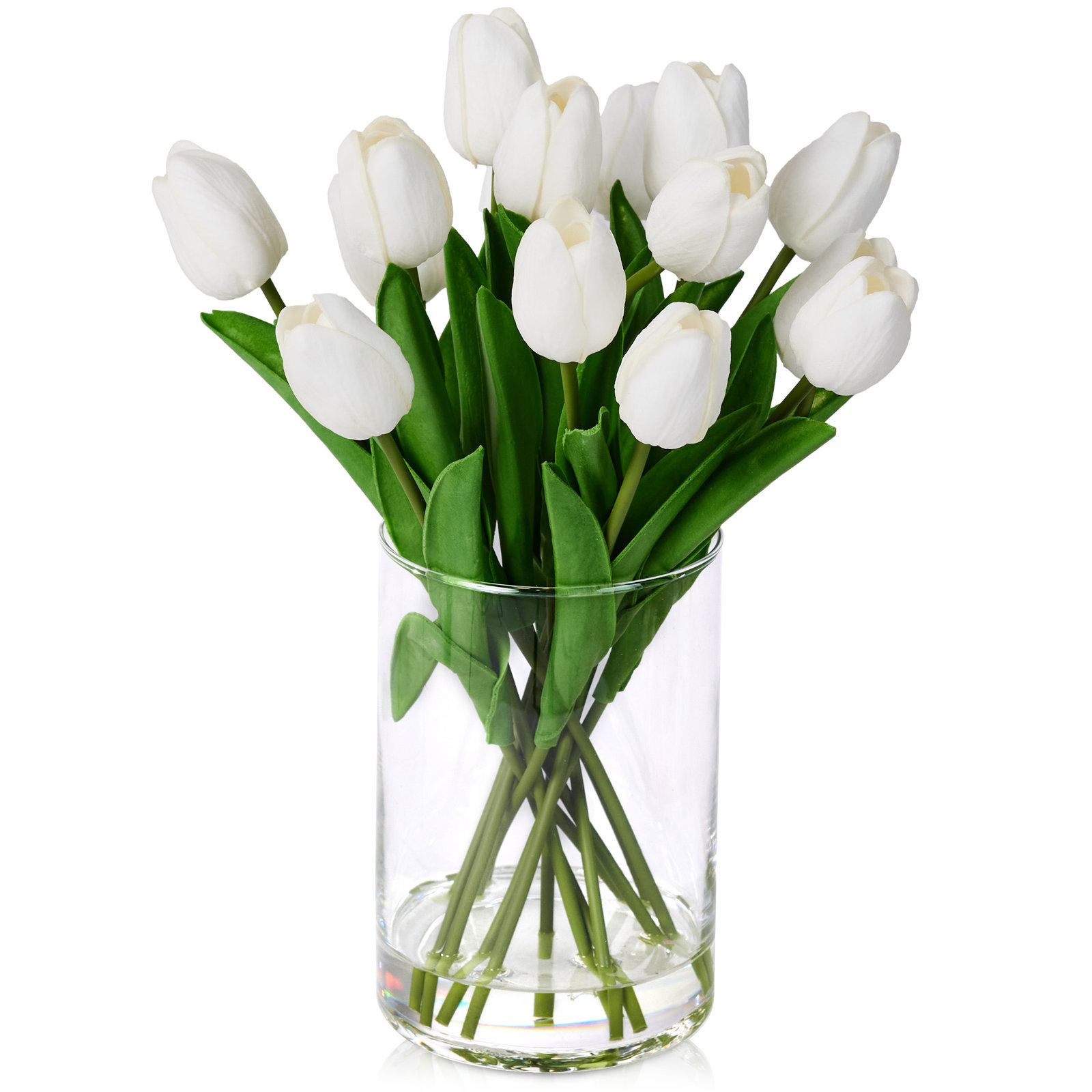 Artificial White Tulips In Vase 12In - Real Touch Faux Tulips Bouquet With Glass Vase & Faux Water, Spring Tulip Centerpiece For Dining Table Home Decor Wedding Mothers Day Gift
