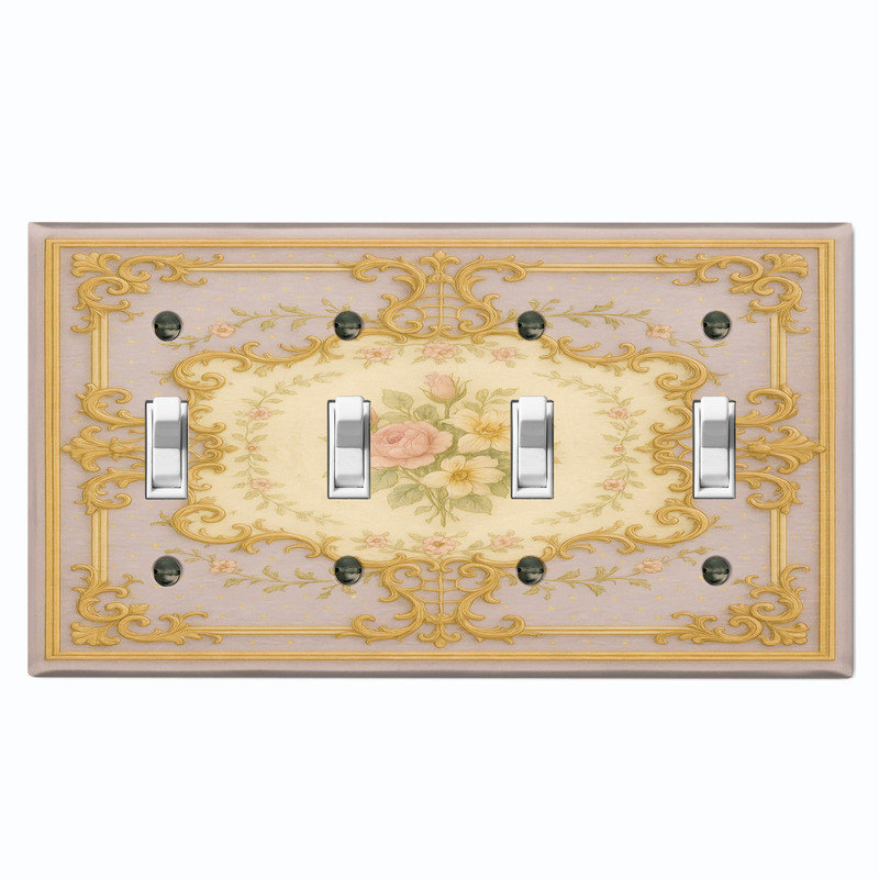 Couvercle de plaque d'interrupteur en métal; Bascule à 4 bandes US standard - fleurs damassées, # 4 Quad bascule