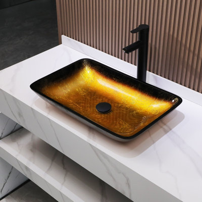 22.25"L x 14.25"W Glass Vessel Sink Rectangular Tempered Glass Bathroom Basin with Pop-up Drain