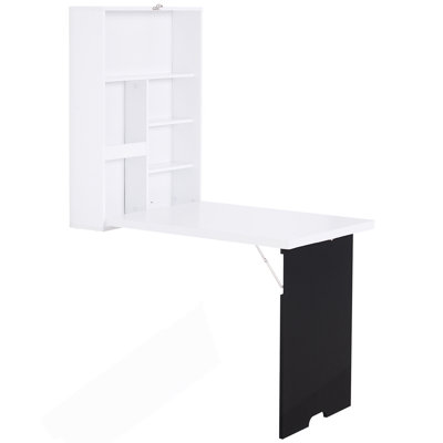 Wall Mounted Foldable Desk With A Blackboard, Fold Out Convertible Floating Desk With Shelves, Writing Desk