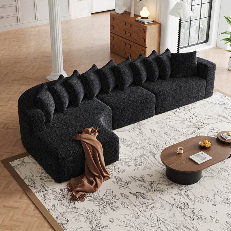 Ensemble de canapé modulaire gauche en chenille, canapé incurvé moderne en forme de nuage avec 10 coussins, Noir