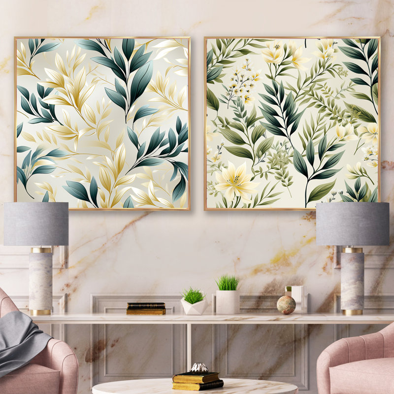 Telscombe - Ensemble de 2 collages carrés floral et botanique, Cadre flottant doré, H 36 po x l 73 po