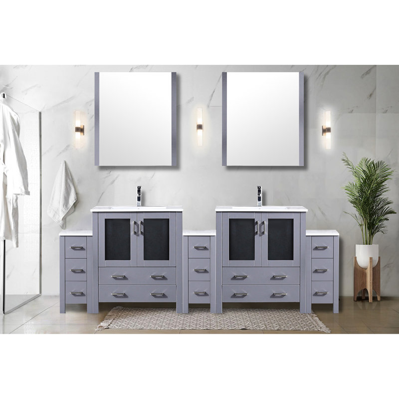 Meuble-lavabo double gris foncé de 96 po En largeur, avec armoires latérales, surface en céramique blanche, structure en bois massif, tiroirs à fermeture en douceur, deux armoires et treize tiroirs pour un rangement substantiel
