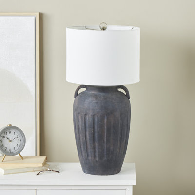Bouley Ceramic Antique Style Pot Vase Table Lamp with Cream Linen Shade and Textured Grooves -  Union Rustic, 908DB5AE1CEE437FA6C84884049C392B