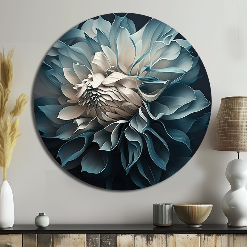 Fleurs de dahlia bleues et blanches I - Art floral rond en métal, H 36 po x l 36 po