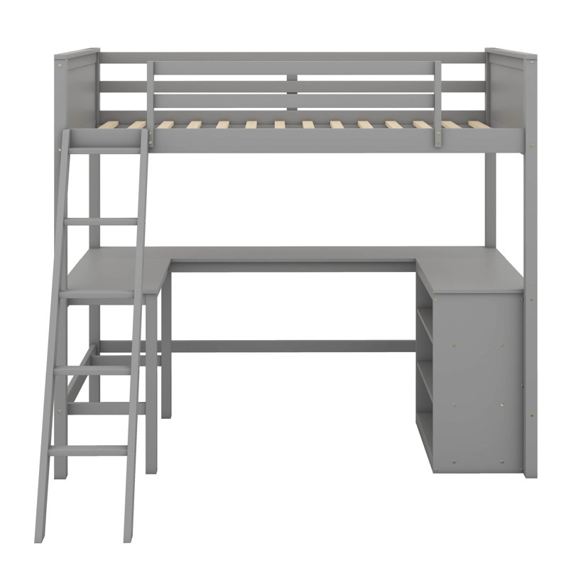 Twin-Sized Loft Bed With Integrated Shelves & Study Area, Including Workstation, Gray
