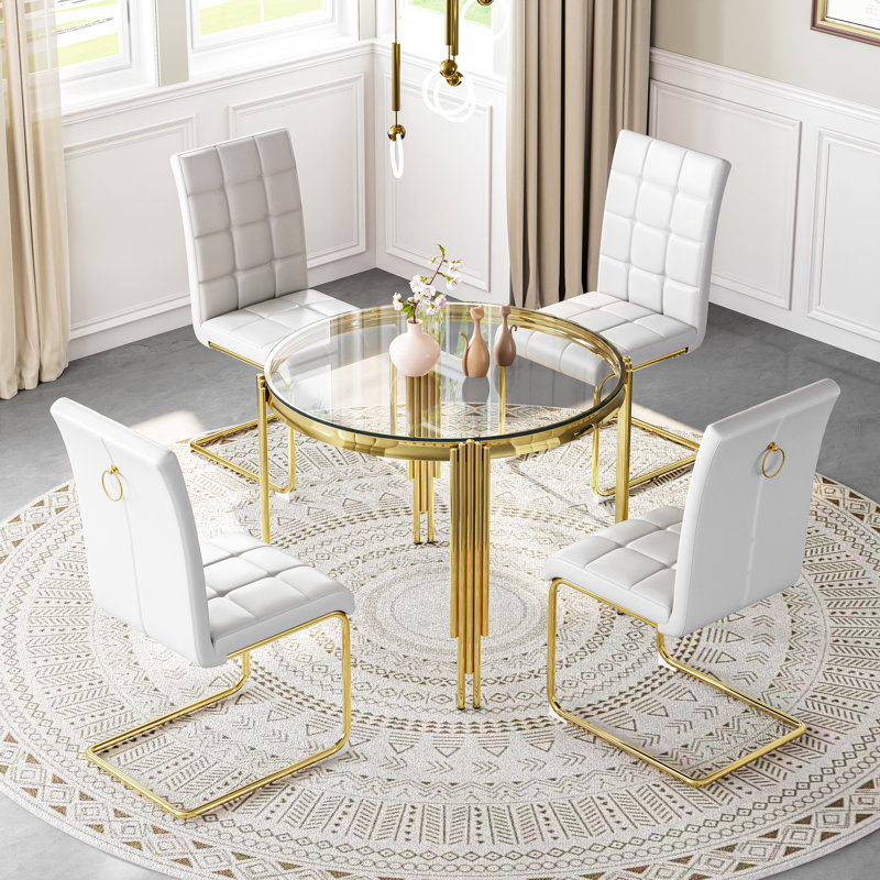 5-Piece Round Glass Dining Set, 37" Tempered Glass Table With 4 High Back PU Leather Chairs, Clear/Gold, White/Gold