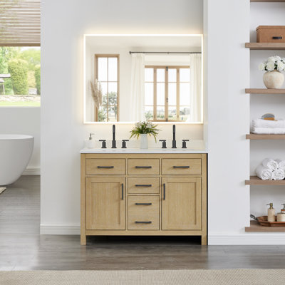 Beckett 48 Inch Double Bathroom Vanity in Whitewashed Oak, Carrara Cultured Marble Countertop, Undermount Square Sinks (3-Hole), Matte Black Trim