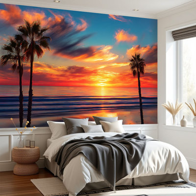 Papier peint adhésif à peler et coller, palmiers rétroéclairés de style Sunset Beach, papier autocollant amovible pour salle de séjour