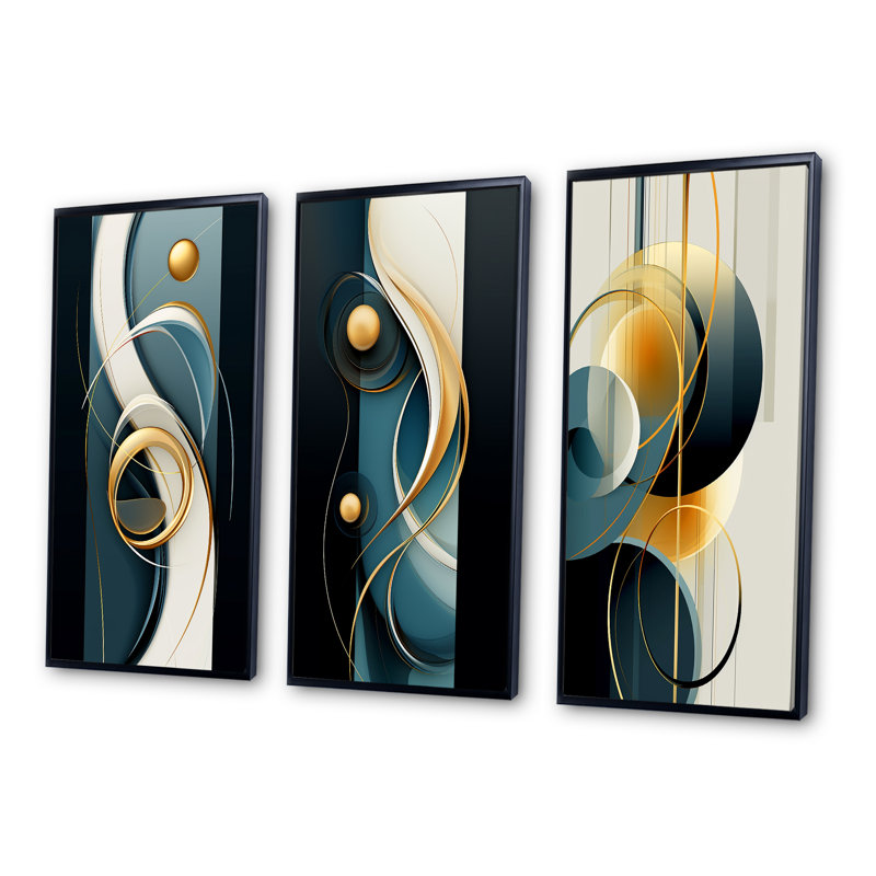 «Sublime Simplicity in Blue and Gold II», ensemble de 3 impressions, Cadre flottant noir, H 28 po x l 36 po