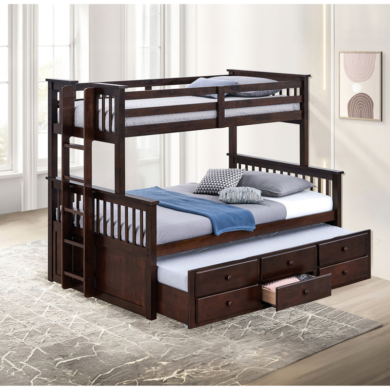 Lit superposé simple au-dessus d'un lit double transitionnel avec tiroirs de rangement sous le lit, abat-jour en noyer foncé, base en bois d'ingénierie massif, finition côté 3, matériau, décoration