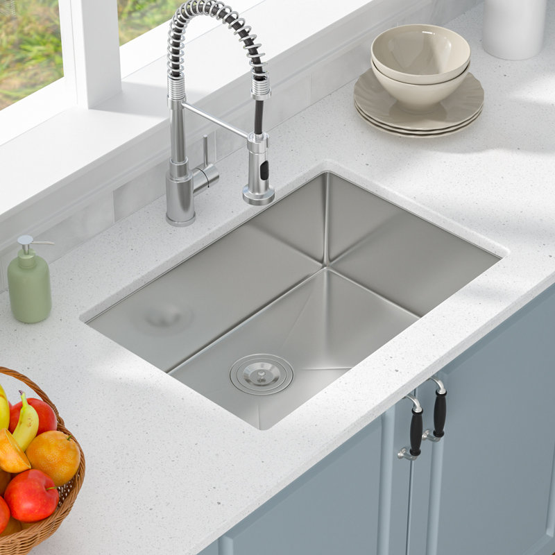 25" L Single Bowl Stainless Steel Undermount Kitchen Sink With Drain Assembly
