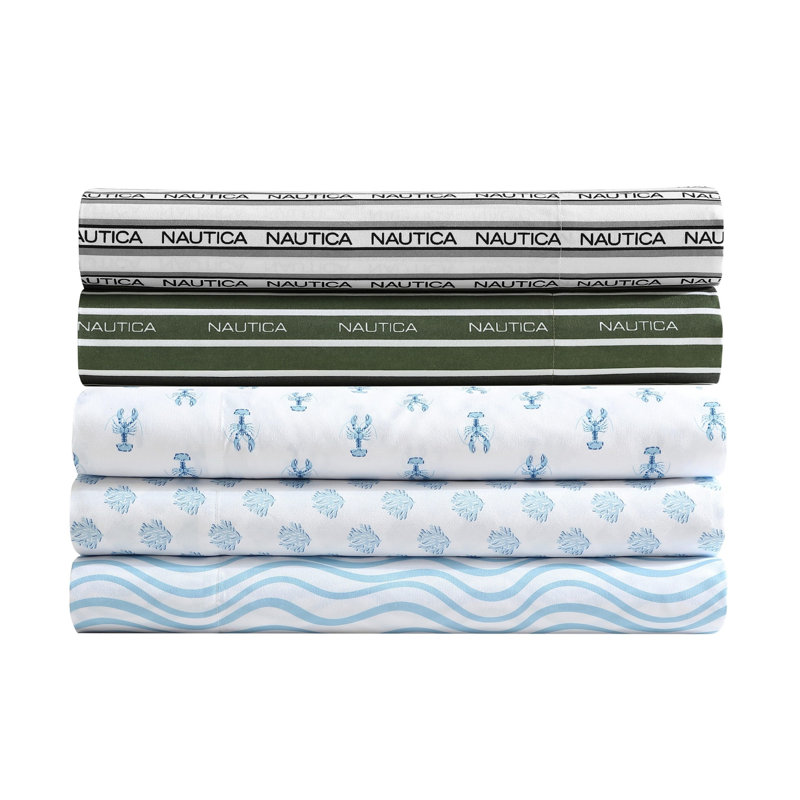 Ensemble de draps à rayures Nautica, Ensemble de draps pour grand lit avec 2 taies d'or, Motif floral bleu/blanc