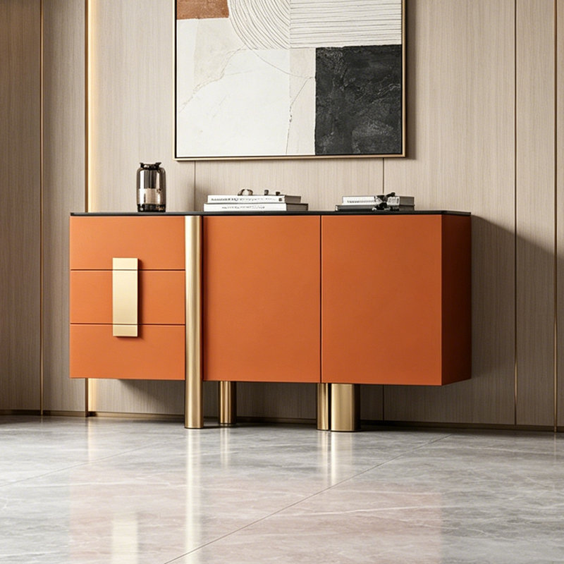 Armoire d'entrée de style italien de luxe, H 35,43 po x l 59,05 po x P 15,75 po, Or / noir / orange