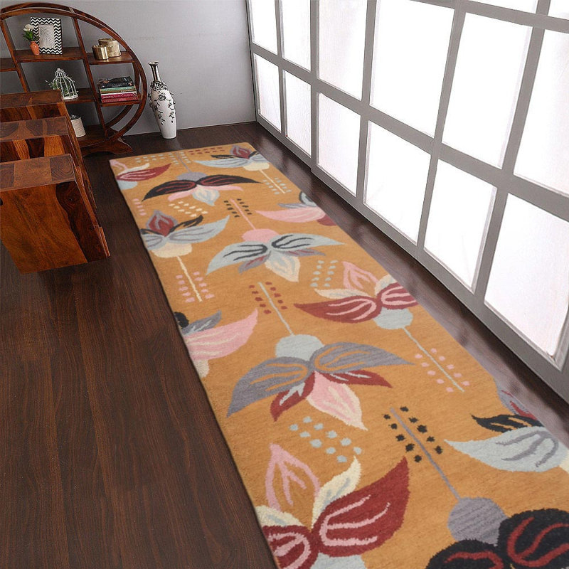Hand Tufted Wool Eco-Friendly Area Rugs - Hallway Runner, Gold Color, Floral Modern Design, High Pile Thick Handmade Anti Skid Area Rugs for Living Room, Bed Room