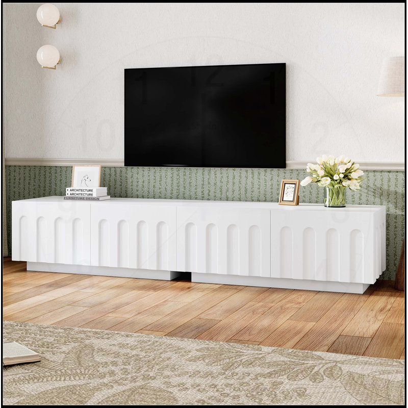 Élégant meuble télé avec design arqué pour les téléviseurs jusqu'à 80, table basse à double usage avec 4 tiroirs, armoire de rangement multifonctionnelle avec rangement