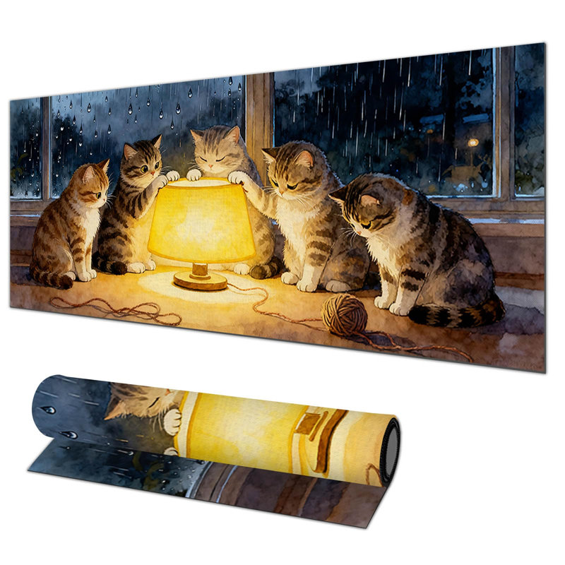 Tapis de souris XL pour joueur, grand tapis de souris de bureau en diatomite, idéal pour la maison et le bureau. Décoré d'une lampe de chat nocturne et d'une fenêtre accueillante. Dimensions : 40 x 80 cm. Tasse blanche offerte.