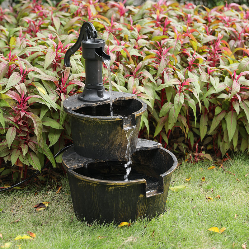 Rustic Brown 2-Tier Barrel Waterfall Fountain with Pump