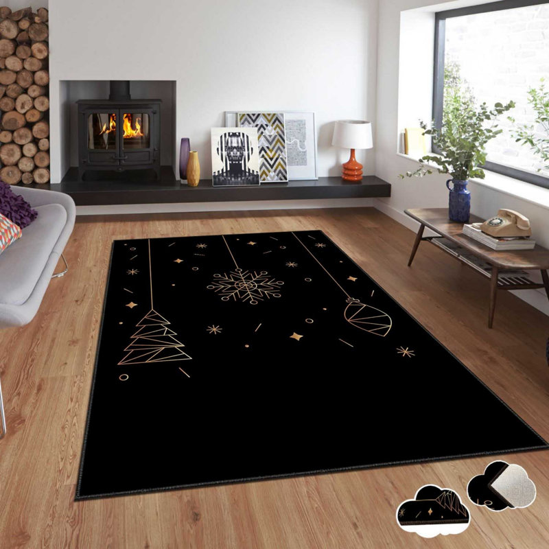 Tapis rectangulaire en polyester tissé à la machine en noir, Rectangle 2 pi 7 po x 4 pi 7 po