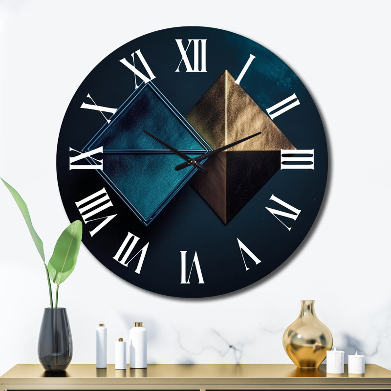 Rhombus en bleu foncé et or abstrait II - horloge murale géométrique moderne, Très grand
