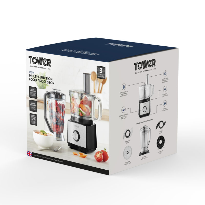 Tower Multi-Function Food Processer & Blender with 2L Mixing Bowl, 1.8L Jug, 2 Speed Settings & Pulse Function, 750W