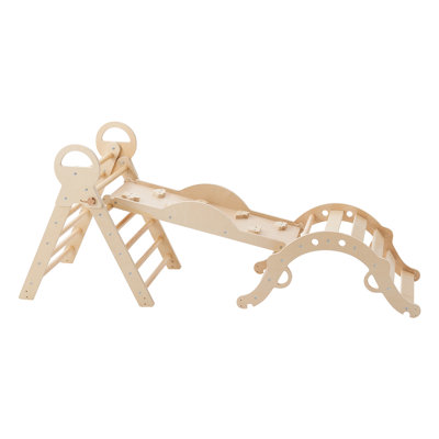 Ensemble Pikler Triangle, jouets d'escalade pour tout-petits 9 en 1 pour l'intérieur, avec 2 voitures en bois, coussin, triangle, arche et rampe, charge de 150 lb, ensemble d'escalade pliable pour tout-petits et enfants, couleur bois