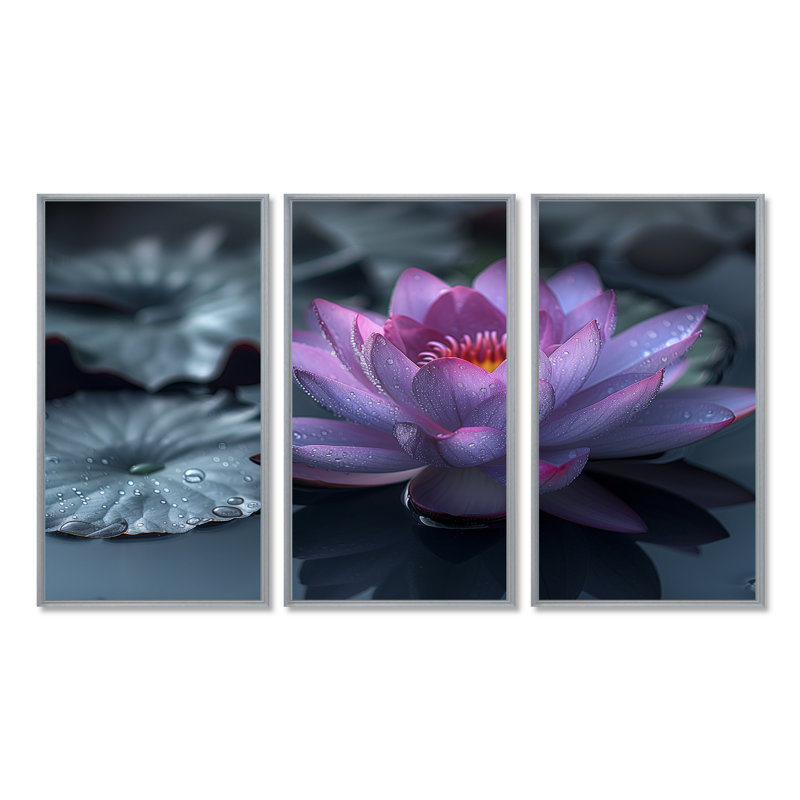 Aman - Ensemble de décoration murale Lotus, Toile argentée avec cadre flottant, H 40 po x l 60 po x P 1 po