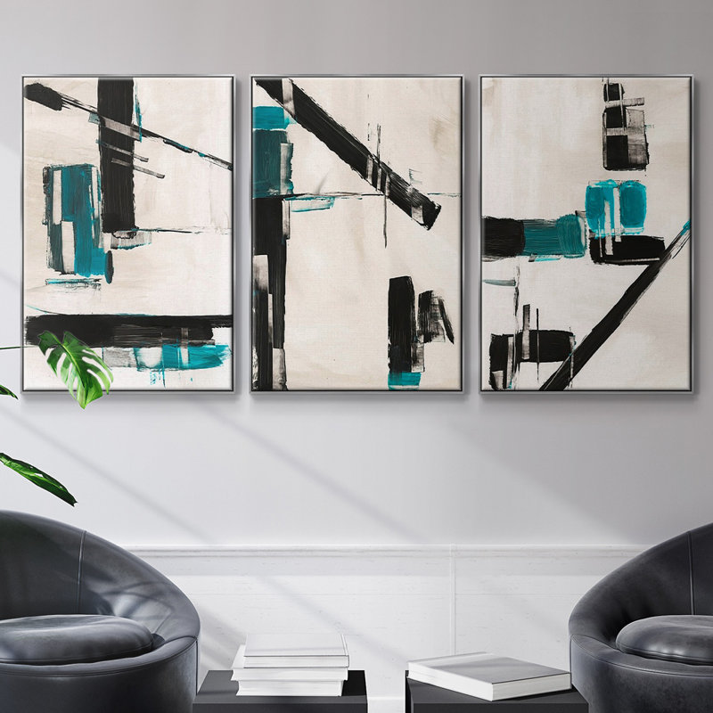 «Geometric Notes I», reproduction encadrée sur toile 3 pièces, H 36 po x l 72 po x P 2 po, Argent